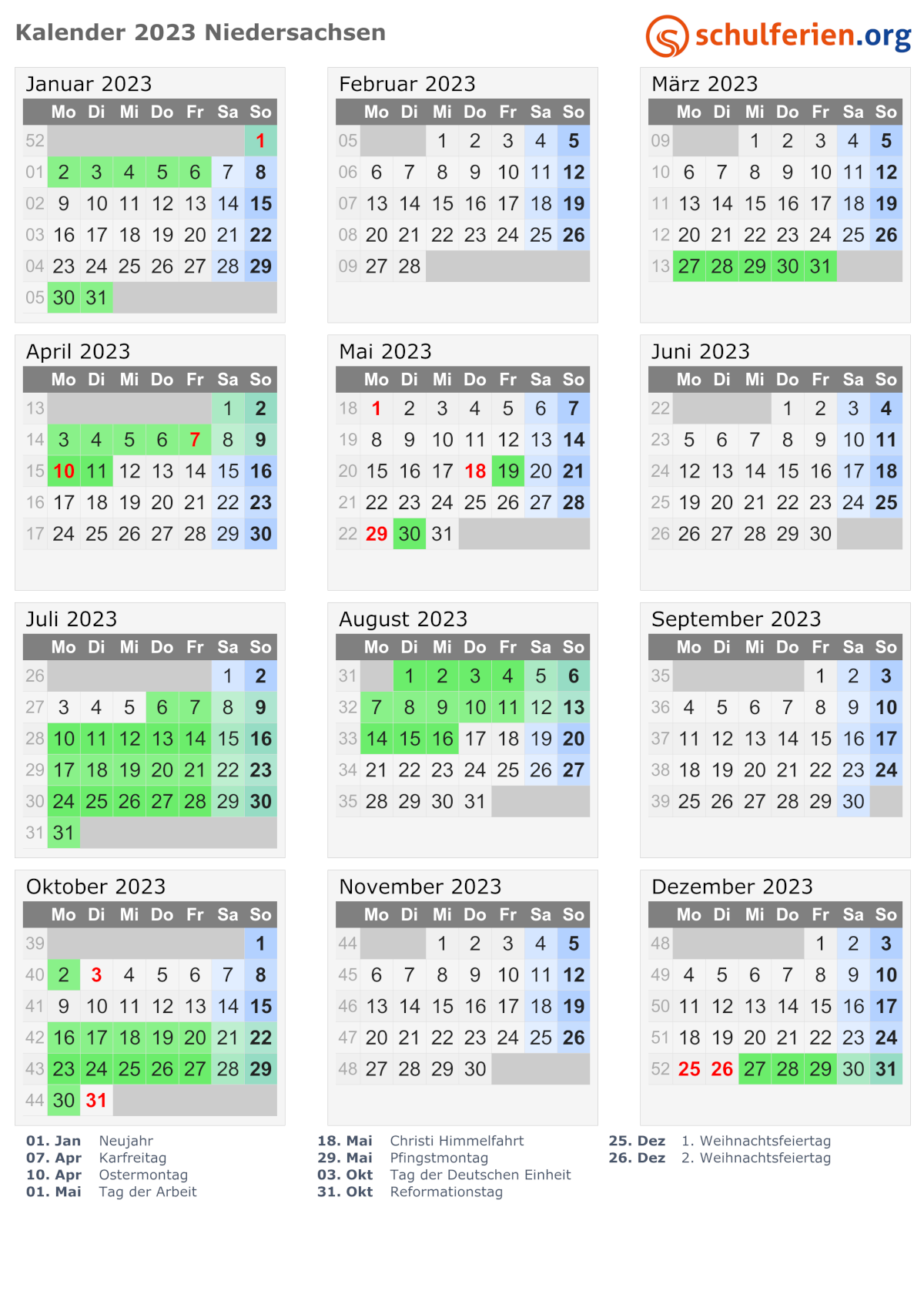 Ferien-Kalender von schulferien.org